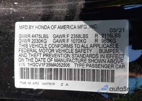 2021 Honda Accord Sport z USA, uszkodzony, nr VIN 1HGCV1F35MA052506